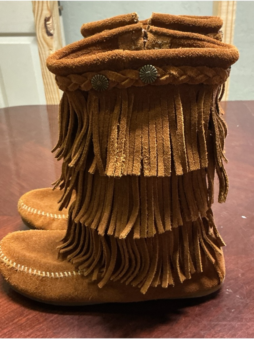 Minnetonka Brown Suede Fringe 3 layer Moccasin Boots Sz 7. 1077 - Picture 7 of 15